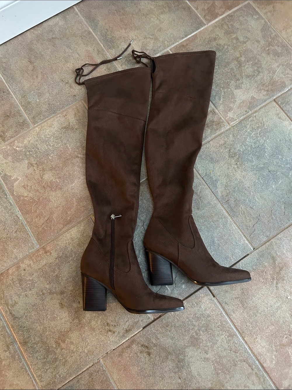 Marc Fisher Brown Over-the-Knee Block Heel Boots.
